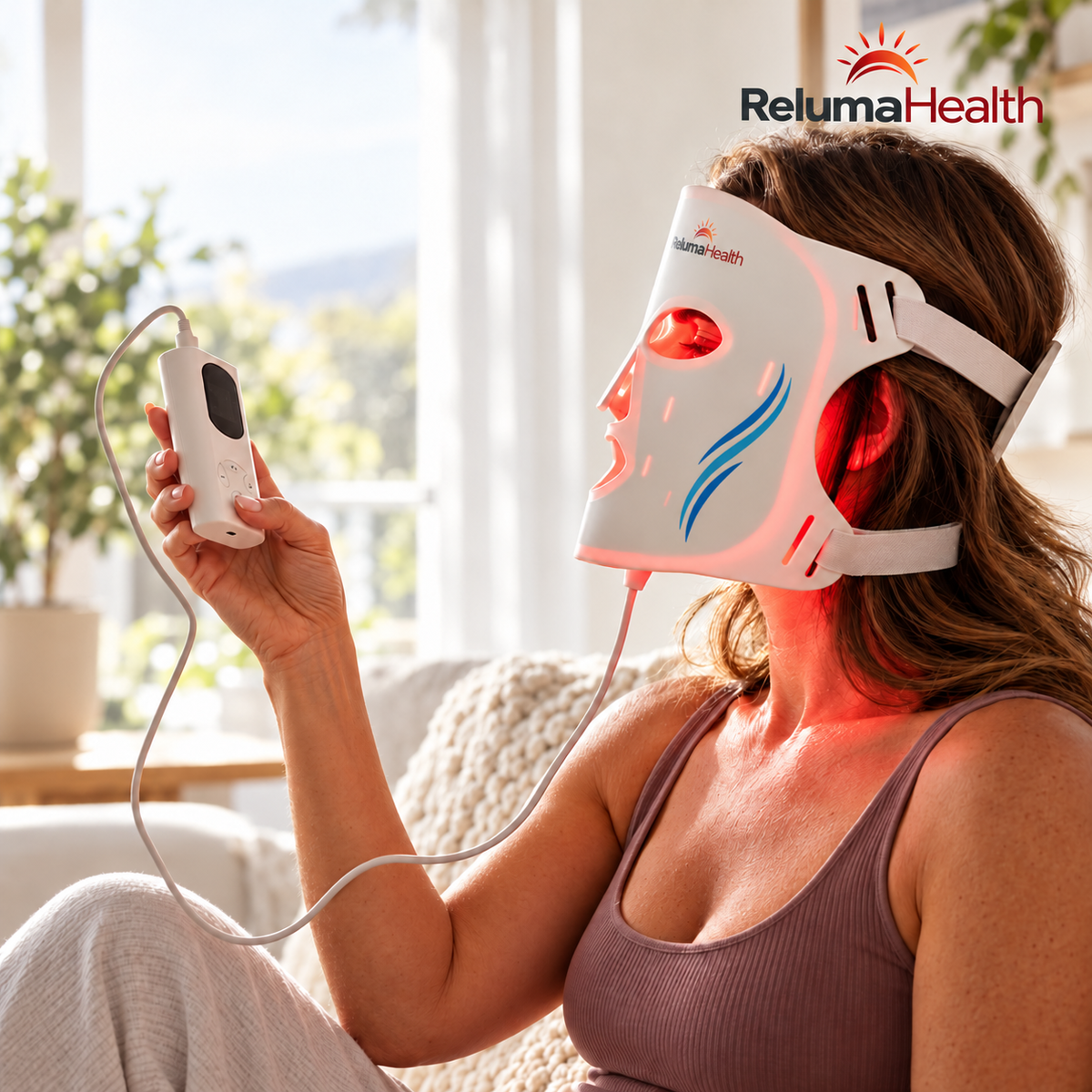 
Pro Red Light Therapy Face Mask in a naturally lit home setting