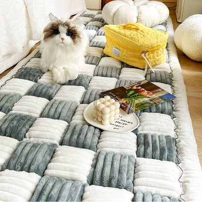 Cream-coloured Large Plaid Square Fuzzy Pet Dog Mat Bed Couch Cover