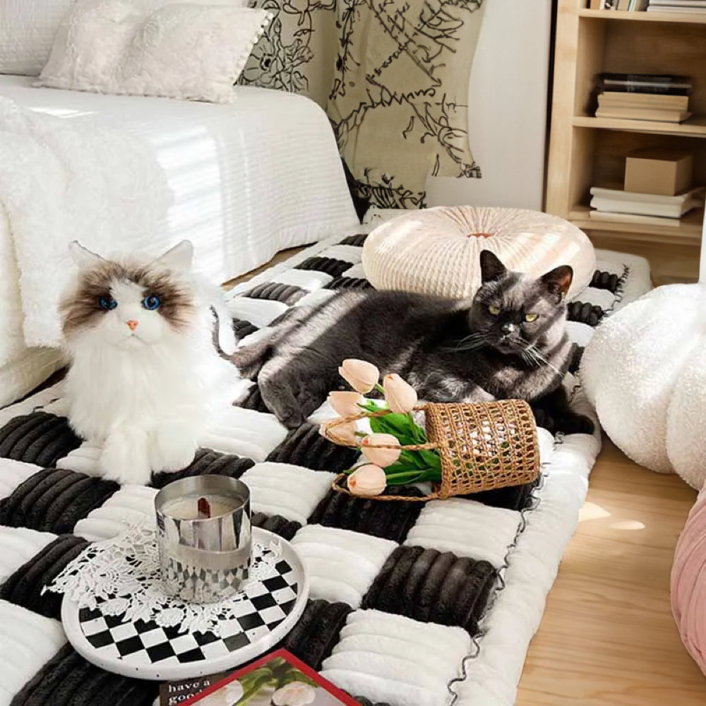 Cream-coloured Large Plaid Square Fuzzy Pet Dog Mat Bed Couch Cover