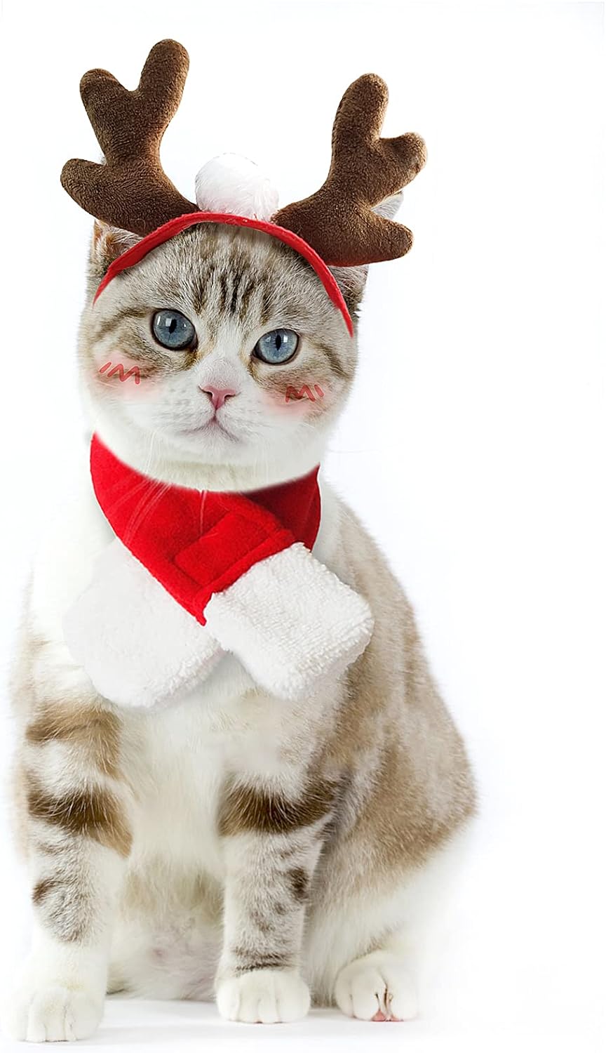 Cat Santa Hat with Scarf,  Christmas Costume for Cat Rabbit Puppy Doll