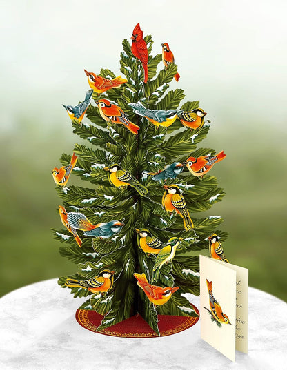 15 inch Fall & Holiday Freshcut Paper Tree with Removable Bird Ornaments, 3D Popup Tree with Blank Christmas Card & Envelope for Christmas Party Decoration