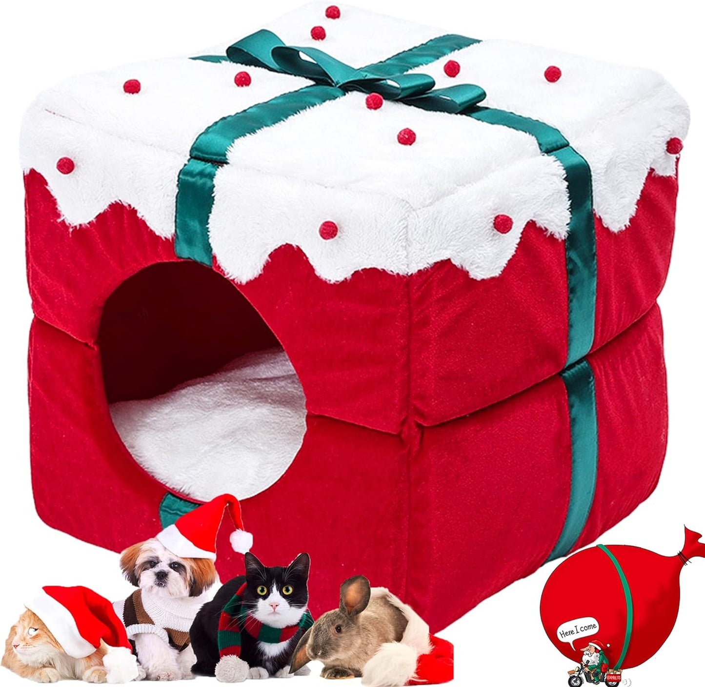 Christma Cat Bed House, Cat Cave with Removable Washable Cushioned Pillow, Dog ,Rabbit