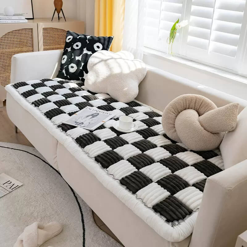 Cream-coloured Large Plaid Square Fuzzy Pet Dog Mat Bed Couch Cover