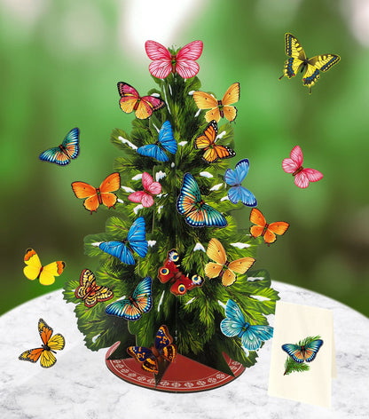 15 inch Fall & Holiday Freshcut Paper Tree with Removable Bird Ornaments, 3D Popup Tree with Blank Christmas Card & Envelope for Christmas Party Decoration