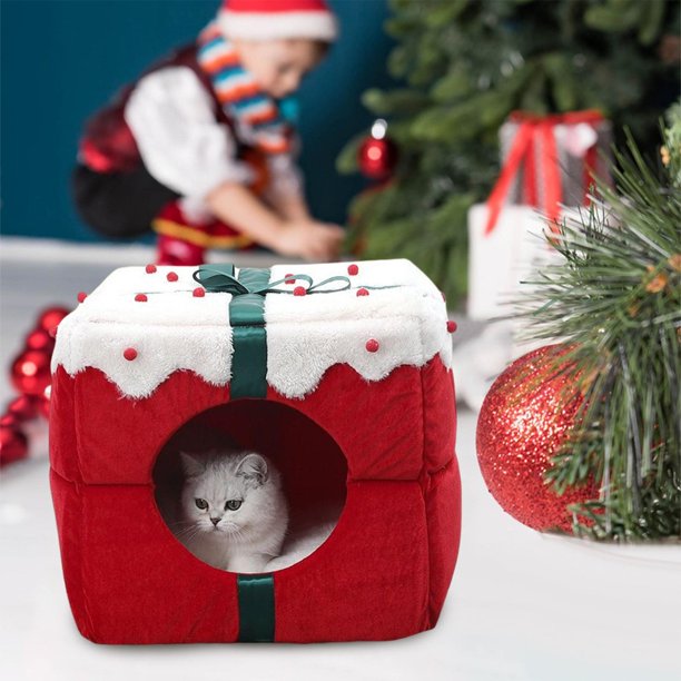 Maison de lit pour chat de Noël, grotte pour chat avec oreiller rembourré lavable amovible, chien, lapin