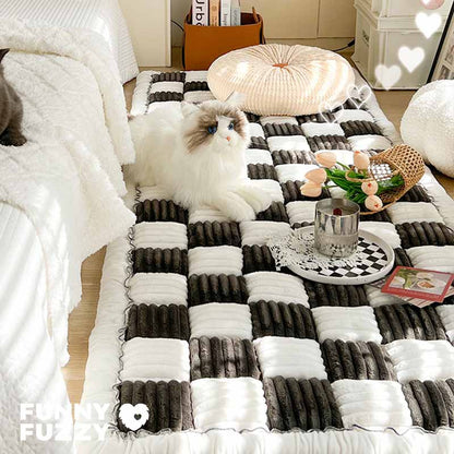 Cream-coloured Large Plaid Square Fuzzy Pet Dog Mat Bed Couch Cover