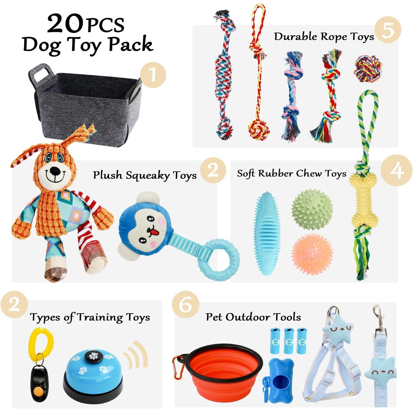 Paquet de 20 jouets à mâcher pour chiens de petite et moyenne taille, jouets pour chiots avec corde, balles de friandises et jouets grinçants